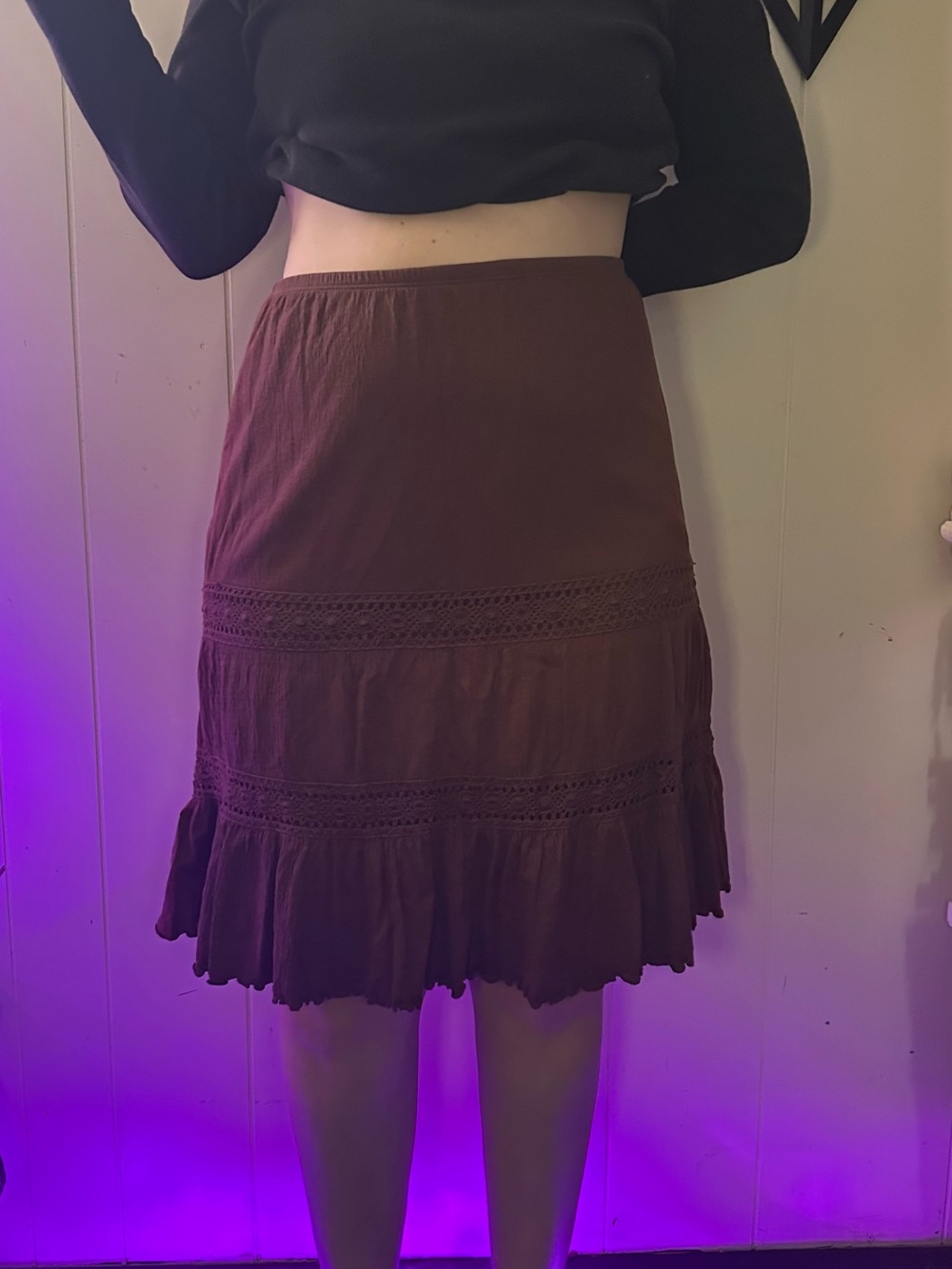 Y2K CottageCore Brown Women's Tiered Crochet Trim Skirt with Lace Detailing